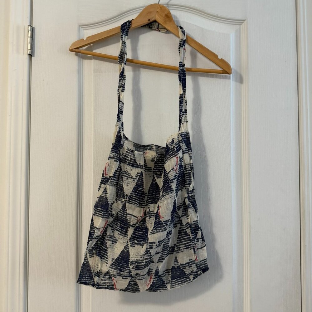 FREE PEOPLE blue and white patterned canvas reuseable tote bag.